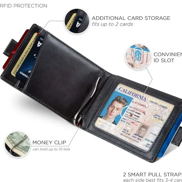 Men's Slim Bifold Wallet with RFID Protection - Full Grain Leather & Money Clip